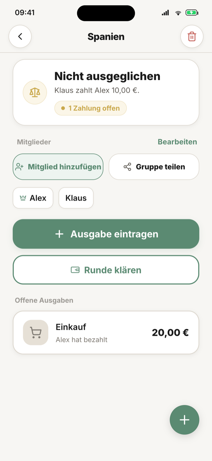 Even App Screen mit Gruppenstatus, Mitgliedern und offenen Ausgaben